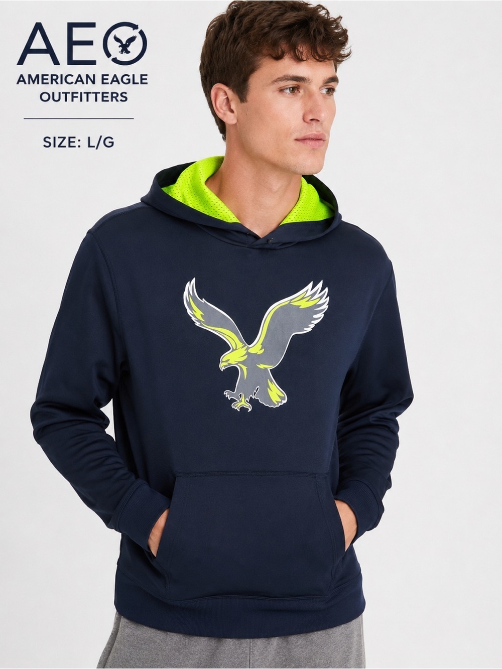 American Eagle AEO Navy Neon Eagle Performance Hoodie Size L